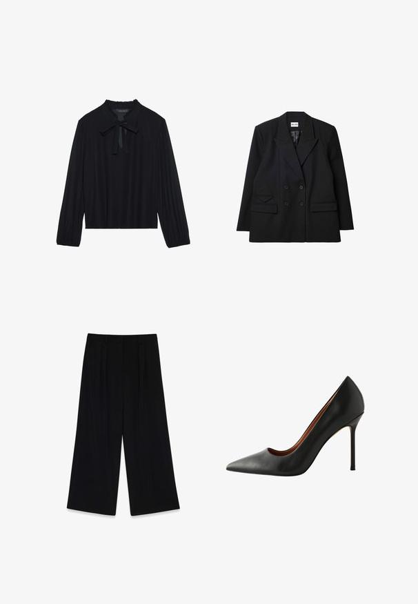 Blazer noir à double boutonnage en tissu texturé, avec des revers coupés, deux poches avant et des accents de boutons.; Haut noir à manches longues, col volanté et nœud papillon au niveau du col. Tissu doux et lisse avec une coupe décontractée et des poignets froncés.; Pantalons larges noirs en tissu lisse, avec des plis à l'avant, une taille mi-haute et sans fermetures ni embellissements visibles.; Escarpin noir en cuir avec un bout pointu et une texture lisse. Présente un talon aiguille fin et une découpe basse sur les côtés.