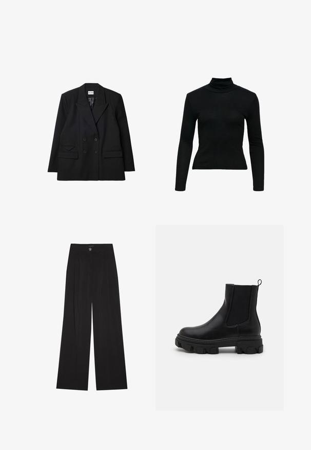 Blazer noir à double boutonnage en tissu texturé, avec des revers coupés, deux poches avant et des accents de boutons.; Haut noir moulant à manches longues avec col roulé et longueur légèrement raccourcie, présenté sur un fond blanc uni.; Pantalon noir à jambes larges en tissu doux, avec taille haute, plis avant et une fermeture à bouton unique. Texture lisse et coupe ajustée.; Bottines en cuir noir avec des panneaux latéraux élastiques, semelle en caoutchouc épaisse et une languette. Présente une texture lisse et un motif de semelle défini.