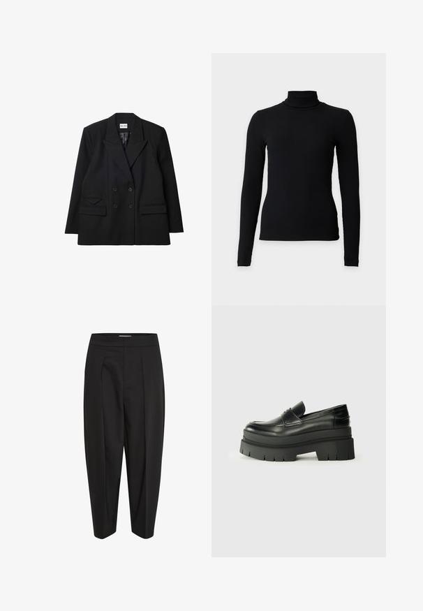 Blazer negro de doble botonadura hecho de tela texturizada, con solapas marcadas, dos bolsillos frontales y detalles de botones.; Top negro de cuello alto de manga larga acanalado con una silueta ajustada sobre un fondo liso claro.; Pantalones negros con una tela suave, con cintura alta, pliegue central y perneras ajustadas. Sin bolsillos visibles ni adornos.; Mocasines de cuero negro con suela de plataforma contundente. Punta redondeada, detalle de costura en la parte delantera y sutiles acentos de costura. Suela plana y texturizada.