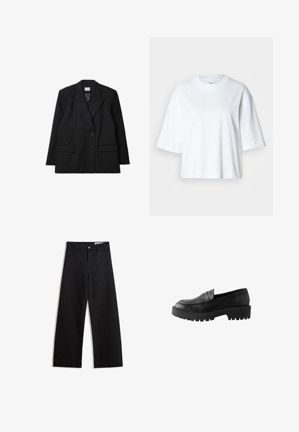 Dvojradový čierny blazer vyrobený z textúrovanej látky, s ostrými klopami, dvoma prednými vreckami a gombíkovými detailmi.; Biele skrátené tričko s krátkymi rukávmi, okrúhlym výstrihom, vyrobené z mäkkej bavlnenej látky, s jednoduchým a čistým dizajnom.; Čierne denimové nohavice s širokými nohavicami a vysokým pásom, so prednými a zadnými vreckami, šitými švami a zapínaním na gombík. Hladká textúra.; Čierne kožené loafery s okrúhlym špičkou, zvýrazneným švom a masívnou gumovou podrážkou s hlbokým dezénom pre lepšiu trakciu.
