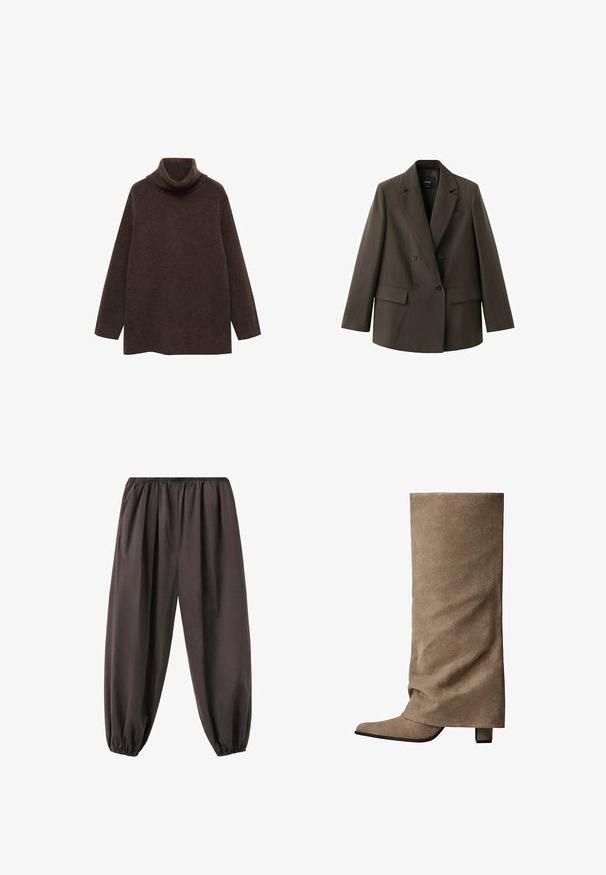 Mørkebrun dobbeltradet blazer med brede revers, to forlommer med klap og to sorte knapper på hver side, lagt fladt på en hvid baggrund.; Brun turtle neck sweater lavet af blødt strikstof. Har lange ærmer og en afslappet pasform med høj krave for ekstra varme.; Løse mørkebrune bukser med elastisk talje og manchetter, lavet af blødt stof, designet til komfort og afslappet brug.; Høj beige støvle i ruskind med spids snude, struktureret form og blokhæl. Fremstår med glat tekstur og minimalistisk design.