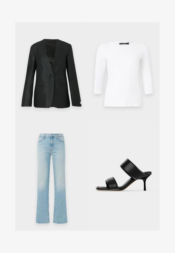 Zwarte blazer met een satijnen afwerking, enkele knoopsluiting, opstaande revers en licht gewatteerde schouders. Heeft twee zijzakken.; Wit, nauwsluitend shirt met lange mouwen en een ronde hals, met een zichtbaar zwart merklabeletiket aan de nek, tegen een effen achtergrond.; Lichtblauwe flared jeans van denim, met een hoge taille, een vijf-pocket ontwerp en een vervaagde afwerking voor een vintage effect.; Zwarte leren mule sandaal met twee brede banden en een slanke, middelhoog stilettohak op een effen lichte achtergrond.