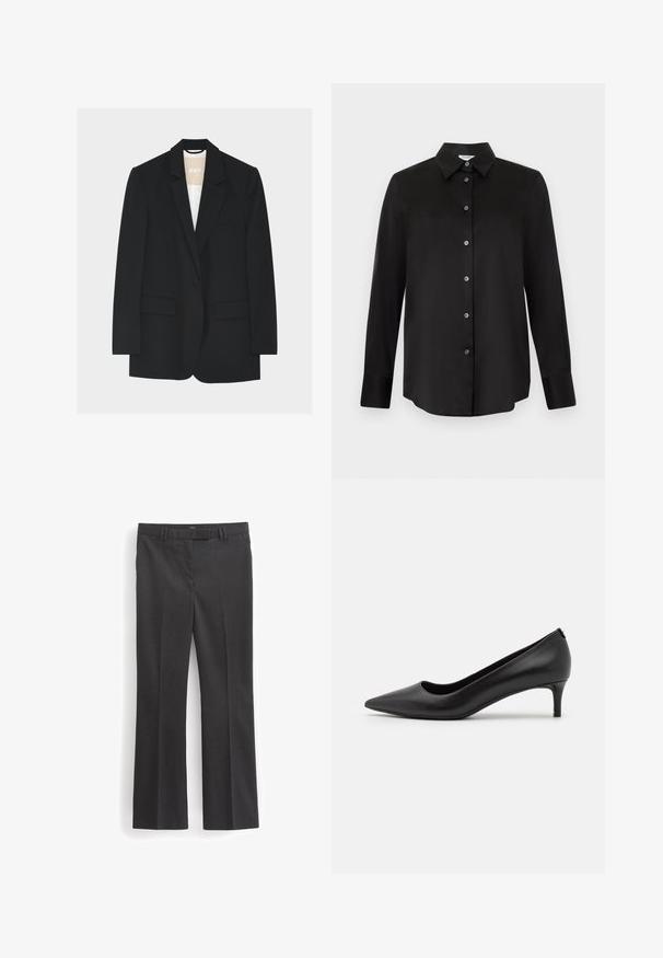 Blazer noir à un bouton avec revers crantés, poches à rabat et doublure intérieure blanche visible au niveau du col.; Chemise noire à manches longues avec col pointu et sept boutons, présentée sur un fond gris clair.; Next TAILORED - Chino - grey; Escarpin noir en cuir avec un bout pointu et un petit talon. Texture lisse, design épuré et détails subtils au niveau du talon.