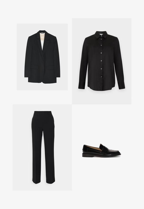 Blazer noir à un bouton avec revers crantés, poches à rabat et doublure intérieure blanche visible au niveau du col.; Chemise noire à manches longues avec col pointu et sept boutons, présentée sur un fond gris clair.; Pantalons noirs à jambes droites avec une texture lisse. Dotés d'une taille et sans motifs ou accents visibles. Design classique et ajusté.; Mocassins en cuir noir avec une finition lisse, à bout rond, et une sangle décorative sur le devant. Design à faible talon carré.