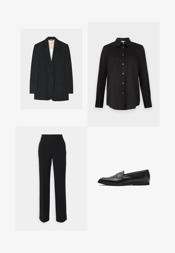 Blazer noir à un bouton avec revers crantés, poches à rabat et doublure intérieure blanche visible au niveau du col.; Chemise noire à manches longues avec col pointu et sept boutons, présentée sur un fond gris clair.; Pantalons noirs à jambes droites avec une texture lisse. Dotés d'une taille et sans motifs ou accents visibles. Design classique et ajusté.; Mocassin en cuir noir avec une finition lisse, un bout arrondi et des accents en double couture sur le dessus. Semelle en caoutchouc plate pour plus de confort.