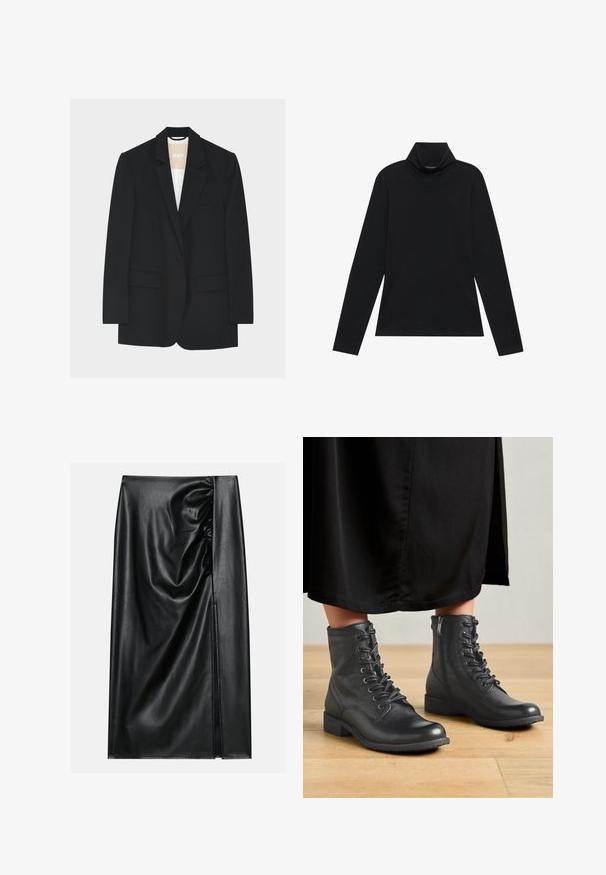 Zwarte blazer met een knoop, met inkeping revers, klepzakken en een witte voering zichtbaar bij de kraag.; Zwarte langetermijn turtleneck. Zachte stof, getailleerd design, hoge kraag en zijnaad. Eenvoudige en veelzijdige stijl die geschikt is voor het laagjes dragen.; Zwarte leren rok met een soepele textuur, voorzien van een geplooid gedeelte aan één kant en een zijspleet voor extra detail.; Zwarte leren enkellaarzen met een ronde neus, voorzien van veters en een rits aan de zijkant, afgebeeld op een houten vloer en een zwart kledingstuk.
