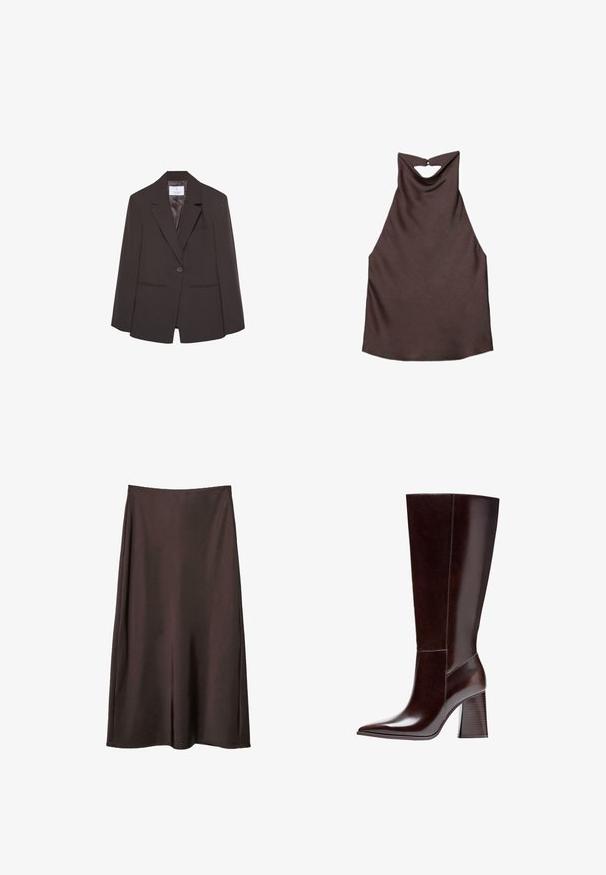 Brauner Blazer mit Reverskragen, einreihiger Knopfverschluss und strukturierten Schultern. Verfügt über zwei Fronttaschen und ein glattes Innenfutter.; Ärmelloses dunkelbraunes Satin-Halstertop mit drapiertem Ausschnitt und kleiner Schlüsselloch-Detail am Rücken, flach auf weißem Hintergrund liegend.; Dunkelbrauner, knieumspielender Rock mit geradem Schnitt und glatter Textur, abgebildet vor einem schlichten weißen Hintergrund.; Braune Leder-Knöchelstiefel mit spitzem Zehenbereich und strukturiertem Blockabsatz. Verfügt über eine klare Linienführung und minimale Nähdetails.