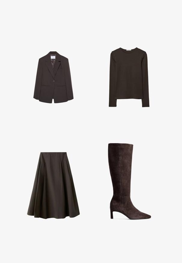 Blazer marron avec un col cranté, fermeture à un seul bouton et épaules structurées. Comprend deux poches avant et une doublure intérieure lisse.; Haut à manches longues de couleur marron foncé en tissu doux. Il présente un col arrondi et un ourlet droit, sans motifs ni accents visibles.; Jupe noire trapèze à taille haute avec ourlet évasé, fabriquée en tissu lisse, présentée sur fond blanc.; Botte en daim marron haute jusqu'au genou avec un bout pointu et un talon de 3 pouces. Texture lisse, silhouette élégante et design minimaliste.