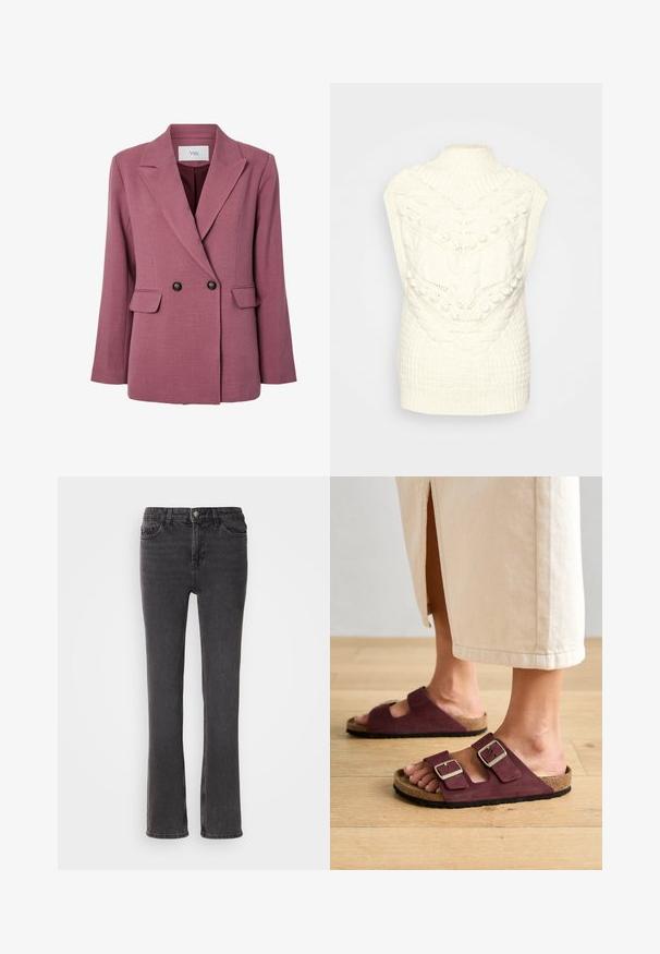 Zweireihiger Blazer aus strukturiertem, mauvefarbenem Stoff mit schwarzen Knöpfen, Revers mit Kerbe und zwei Fronttaschen. Gefüttertes Innenfutter.; Cremfarbener Strickwesten mit hohem geripptem Kragen und strukturierten Mustern, einschließlich Zöpfen und Noppen, die ein gemütliches Aussehen verleihen.; Schwarze Denim-Jeans mit geradem Bein, ausgestattet mit Fronttaschen, einem Reißverschluss und dezenten Steppdetails. Der Stoff hat eine leichte Textur.; Birkenstock ARIZONA NARROW - Riemensandalette - zinfandel