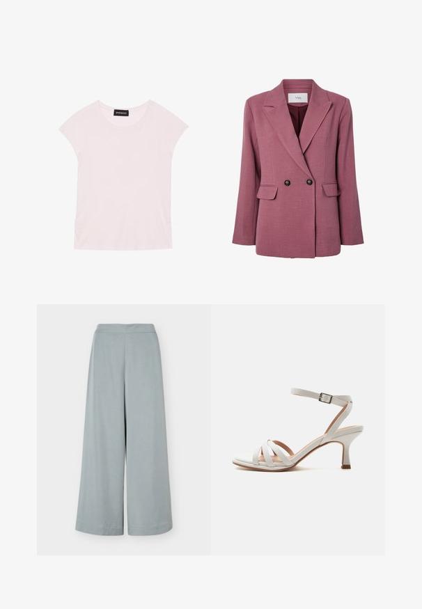 Blazer croisé en tissu texturé mauve, doté de boutons noirs, de revers crantés et de deux poches frontales. Intérieur doublé.; T-shirt rose clair à manches courtes, décolleté rond et détails froncés sur les côtés. Fabriqué en tissu doux et léger.; Pantalon large bleu clair à taille haute et lignes épurées, montré à plat sur fond blanc.; Sandale blanche à talon moyen avec trois brides à l'avant, une bride à la cheville avec une boucle argentée, et un talon légèrement incurvé sur un fond uni.