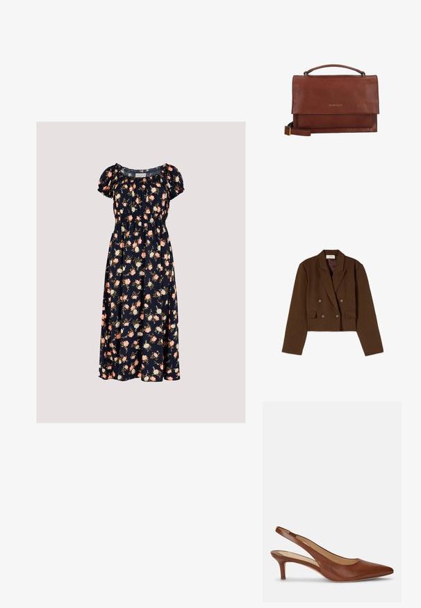 Brauner Cropped-Doppelreihen-Blazer mit aufgeschlagenem Revers, vier Zierknöpfen und zwei vorderen Pattentaschen.; Apricot VINTAGE ROSE - Freizeitkleid - navy; Brauner Leder-Damenslingback mit spitzer Schuhspitze und niedrigem Kittenabsatz auf weißem Hintergrund.; Braune Lederhandtasche mit Tragegriff oben, verstellbarem Schulterriemen und goldenem "BURKELY" Logo auf der Vorderklappe.