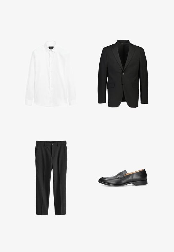 Zwarte blazer van gladde stof, met een geklemd kraag, twee knopen en twee voorzakken met een op maat gemaakte pasvorm.; Witte overhemd met een button-down kraag, lange mouwen en een knoopsluiting aan de voorkant. De stof lijkt soepel met een lichte glans.; Next REGULAR FIT - Chino - black; Zwartleren hereninstapper met lage hak en pennyriemdetail, in profiel weergegeven tegen een witte achtergrond.