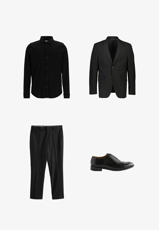 Blazer noir en tissu lisse, avec un col cranté, deux boutons et deux poches avant, offrant une coupe ajustée.; Chemise noire à manches longues en tissu lisse, dotée d'un devant à boutons, d'un col et d'un logo brodé subtil sur la poitrine.; Pantalon formel noir avec passants de ceinture, poches avant et coupe droite, présenté à plat sur fond blanc.; Chaussure habillée en cuir noir avec un bout arrondi, une surface lisse et un design à lacets. Dispose d'un talon bas et de détails de couture subtils.