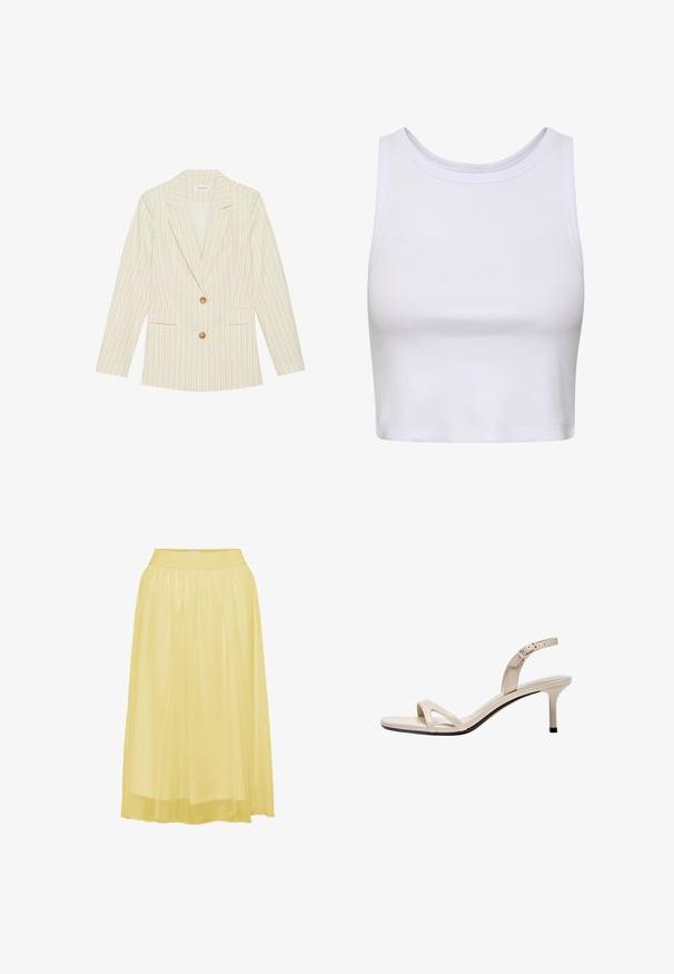 Hvid blazer med subtile gule vertikale striber. Har en klassisk revers, to frontlommer og to guldtonede knapper. Glat tekstur.; Hvid crop-top lavet af ribbet stof, med en rund halsudskæring og ærmeløs design samt en figursyet silhuet. Ingen mønstre eller detaljer.; Gul, plisseret midiskirt med en blød, blank overflade og elastisk talje, designet til komfort og bevægelsesfrihed.; Beige læder højhælet sandal med tynd rem foran, justerbart ankelspænde og slank mellemhøj hæl på hvid baggrund.