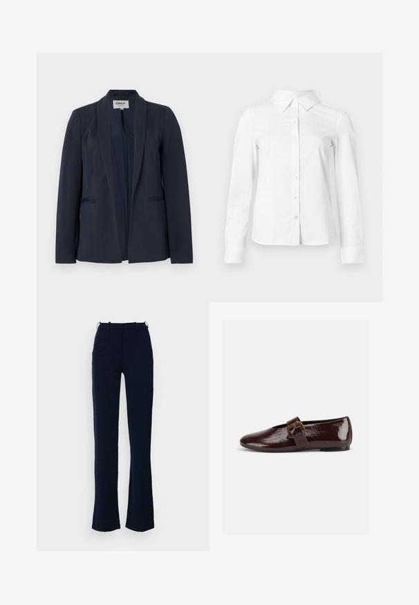 Donkerblauw damesblazer met sjaalkraag, lange mouwen en twee steekzakken aan de voorkant, ontwerp met open voorkant.; Witte blouse met lange mouwen en knopen, met puntige kraag, rechte zoom en aansluitende silhouet, weergegeven op een effen lichte achtergrond.; Marineblauwe broek met een rechte pijpdesign, gemaakt van een gladde stof, voorzien van ri loopjes en een ritssluiting aan de voorkant.; Donkerbruine lakleren platte schoen met een grote gouden gesp en een afgeronde teen, zijaanzicht op een witte achtergrond.