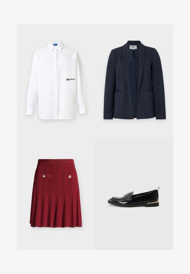 Dunkelblauer Damenblazer mit Schalkragen, langen Ärmeln und zwei vorderen Leistentaschen, offenem Frontdesign.; Weißes Hemd mit langen Ärmeln, Knopfleiste und Kragen sowie schwarzem "KARL LAGERFELD JEANS"-Schriftzug auf der linken Brust.; Roter Strickrock mit vertikalen Zopfmustern, zwei vorderen geknöpften Taschen, plissiertem Design und einem taillierten Bund vor weißem Hintergrund.; Schwarze Lacklederloafers mit abgerundetem Zehenbereich, einem dekorativen Riemen und einem goldenen Akzent an der Ferse. Glatte Textur mit genähten Details.