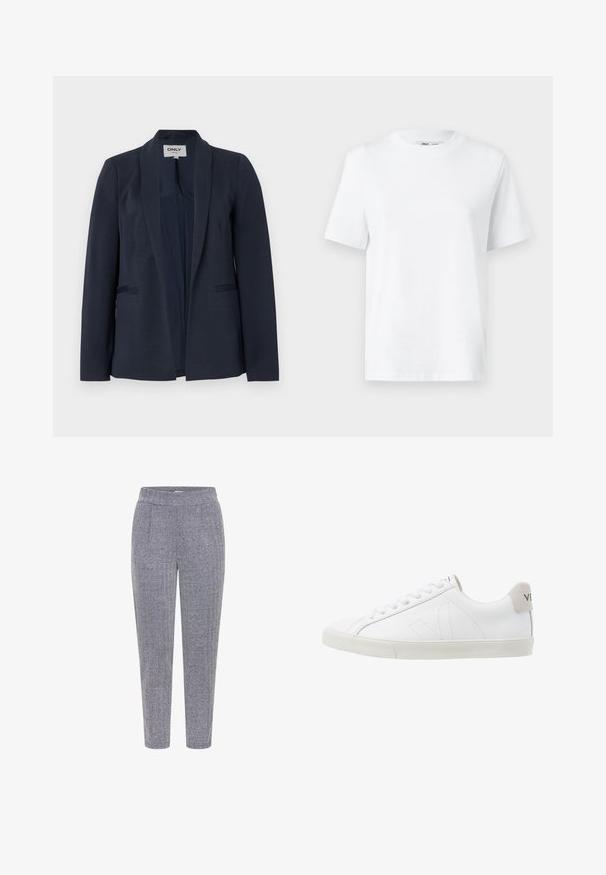 Navyblå dameblazer med sjalskrave, lange ærmer og to forlommer, åben front.; Hvid bomulds T-shirt med rund hals, kortærmet og en glat tekstur. Designet med en afslappet pasform for komfort og alsidighed.; Buks i houndstooth-mønster i navy og hvid, med et struktureret stof, elastisk talje og tapered ben-design.; Hvide lædersneakers med en struktureret off-white gummi sål. Funktioner inkluderer snørebånd, diskrete sømme og en grå ruskindsdetalje ved hælen.