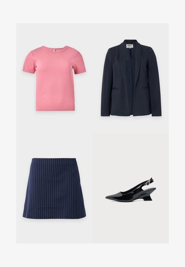 Navyblå dameblazer med sjalskrave, lange ærmer og to forlommer, åben front.; Kortærmet lyserød ribbet T-shirt lavet af blødt stof, med rund halsudskæring og en let tætsiddende pasform.; Marineblå nederdel med tynde hvide lodrette striber og en lige, over-knæ længde, præsenteret på en ensfarvet hvid baggrund.; Sort laklæder slingback sko med spids tå og lav vinklet blokhæl på ensartet lys baggrund.