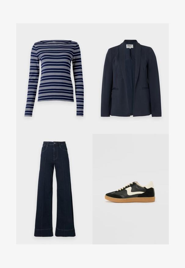 Donkerblauw damesblazer met sjaalkraag, lange mouwen en twee steekzakken aan de voorkant, ontwerp met open voorkant.; Navy lange mouw top met witte horizontale strepen, bootkraag en zachte, rekbare stof. Eenvoudig, getailleerd design, minimale details.; Donkerblauwe, wijde jeans met een hoge taille, voorzien van voorzakken en zichtbare stiksels. Gemaakt van denimstof met een gladde textuur.; Zwarte suède en leren sneaker met een crèmekleurige zij-swoosh en lichte crèmekleurige hiel. Voorzien van beige veters en een gumrubberen zool.