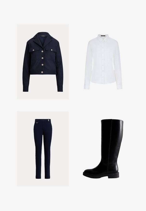 Marineblauwe cropped jas met lange mouwen, zilveren knopen aan de voorkant, twee knoopzakken op de borst en een reverskraag.; Witte lange mouwen shirt met een kraag, knoopsluiting aan de voorkant en manchetten. Gemaakt van soepel materiaal met een getailleerd ontwerp en zonder zichtbare patronen.; Donkerblauwe slim-fit broek met hoge taille, voorzien van decoratieve knopen en een klein flapzakje aan de rechterkant.; Knee-high zwarte leren laarzen met een gladde textuur, ronde neus, minimale stiksels en een platte rubberen zool. Eenvoudig, strak ontwerp.