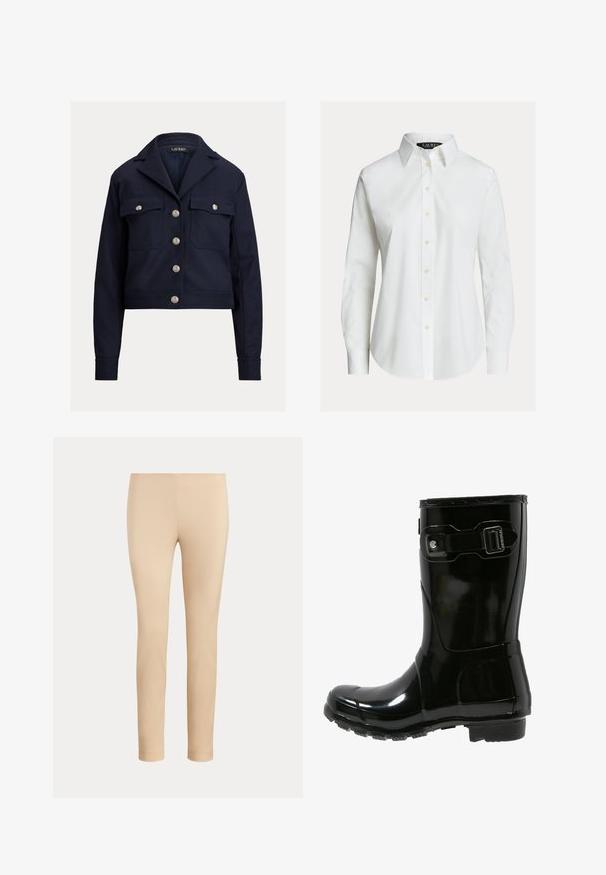 Marineblå cropped jakke med lange ærmer, sølvknapper foran, to brystlommer med knaplukning og en fligkrave.; Hvid skjorte med lange ærmer, knapper foran, spids krave og let buet kant.; Beige slim-fit ankellange bukser med en glat finish og uden synlige lommer eller pynt på en ensfarvet baggrund.; Sort vandtæt gummistøvle til anklen med en blank finish, justerbar rem og spænde detaljer, tekstureret sål for godt greb.