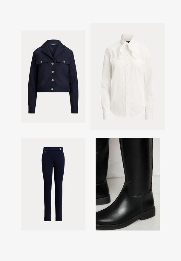 marineblaues, gekürztes Jacket mit langen Ärmeln, silbernen Knöpfen auf der Vorderseite, zwei Knopf-Brusttaschen und einem Reverskragen.; Langärmelige weiße Bluse mit Knöpfen vorne und gebundener Schleife am Kragen vor einfarbigem Hintergrund.; Marineblaue Slim-Fit-Hosen mit hoher Taille, featuring dekorativen Knöpfen und einer kleinen Klappen-Tasche auf der rechten Seite.; Schwarze Leder-Stiefel bis zum Knie mit glatter Textur, runder Spitze, minimaler Naht und niedrigem Blockabsatz. Sie haben ein schlankes, eng anliegendes Design.