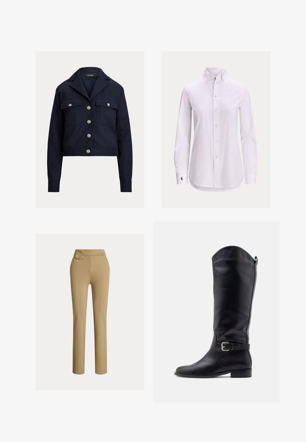 Veste cropped marine à manches longues, boutons argentés sur le devant, deux poches poitrine à boutons, et un col cranté.; Chemise blanche à manches longues avec col boutonné et petit logo brodé sur le poignet gauche.; Pantalons slim beige pour femmes avec taille haute, deux boutons sur le côté et une petite poche à rabat boutonnée près de la taille.; Botte haute en cuir noir avec talon bas, bout arrondi, bride latérale avec boucle et languette de tirage sur une tige lisse, sur fond blanc.