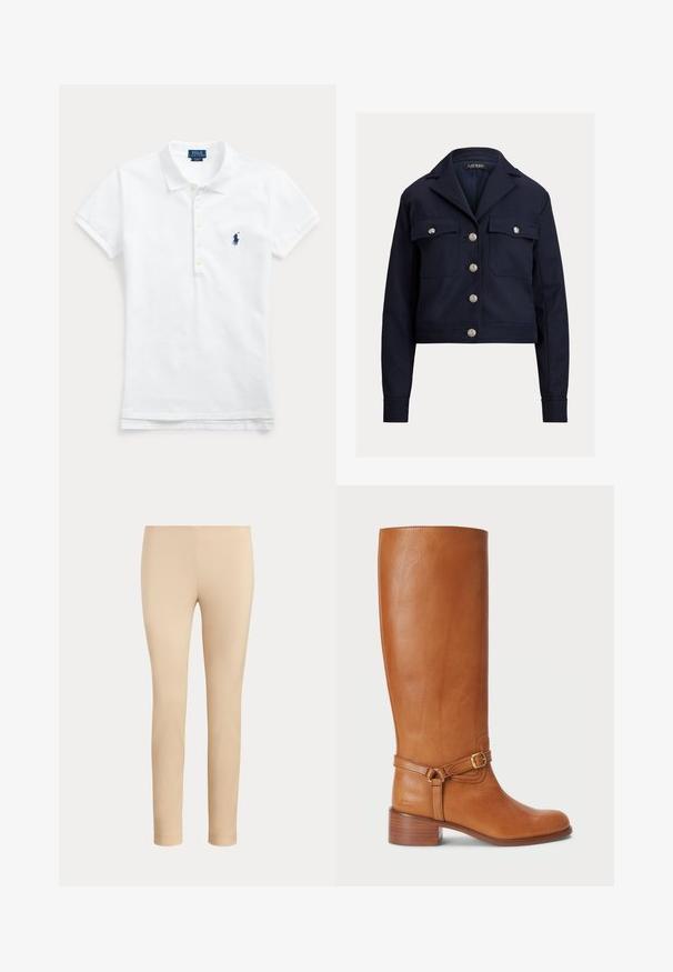 Veste cropped marine à manches longues, boutons argentés sur le devant, deux poches poitrine à boutons, et un col cranté.; Polo blanc manches courtes avec col, patte de boutonnage et logo bleu brodé sur la poitrine gauche.; Pantalon beige slim fit longueur cheville avec une finition lisse, sans poches visibles ni ornements, sur un fond uni.; Bottes en cuir marron hautes avec une finition lisse, dotées d'une sangle à boucle sur le côté et d'un talon empilé. La tige présente un design épuré et sans ornement.