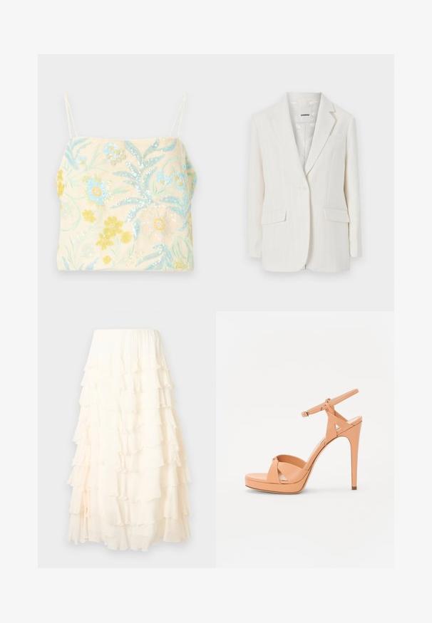 Blazer blanc à rayures fines avec un col à revers, fermeture à un bouton et deux poches avant. Tissu lisse avec un léger éclat.; Camisole brodée en tissu crème, ornée de motifs floraux en sequins bleus, jaunes et verts, avec de fines bretelles spaghetti.; Jupe midi couleur crème avec des volants en couches et une ceinture élastique, présentée sur un fond uni.; Casadei MICHELLE - Sandales à talons hauts - canyon