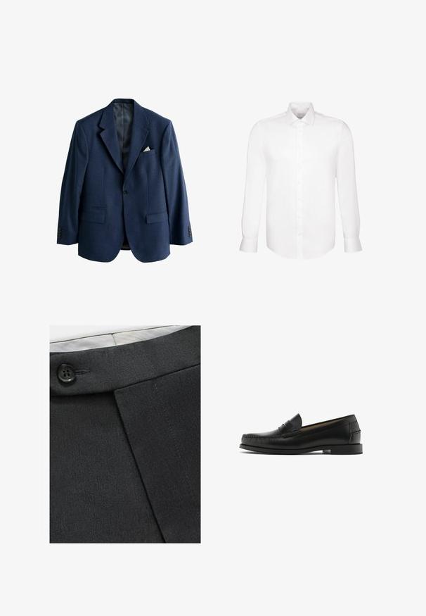 Blazer bleu marine pour homme avec revers crantés, deux poches avant à rabat, une poche poitrine avec un mouchoir blanc, et poignets à boutons.; Chemise homme blanche à manches longues avec col pointu et poignets boutonnés, présentée sur un fond blanc uni.; Pantalons noirs ajustés en tissu lisse, dotés d'un détail de bouton à la taille et d'un design plissé pour une forme structurée.; Mocassins en cuir noir avec un bout arrondi, des détails de surpiqûres, une texture lisse et un petit talon carré. Aucune décoration ou motif visible.