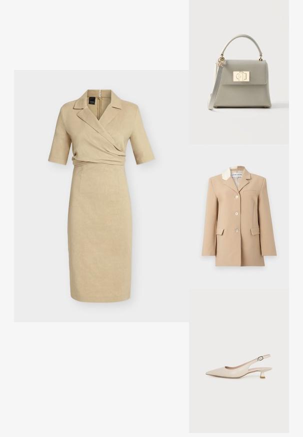 Blazer beige à simple boutonnage avec trois boutons, deux poches à rabat sur le devant, une poche poitrine et un détail en dentelle blanche sur un revers de col.; Robe beige longueur genou avec manches mi-longues, devant croisé, col cranté et fermeture éclair au dos.; Chaussure slingback beige à bout pointu avec un petit talon kitten et une boucle latérale réglable sur fond blanc uni.; Sac à main en cuir gris texturé avec poignée supérieure, bandoulière amovible et fermoir rectangulaire doré sur le rabat avant.