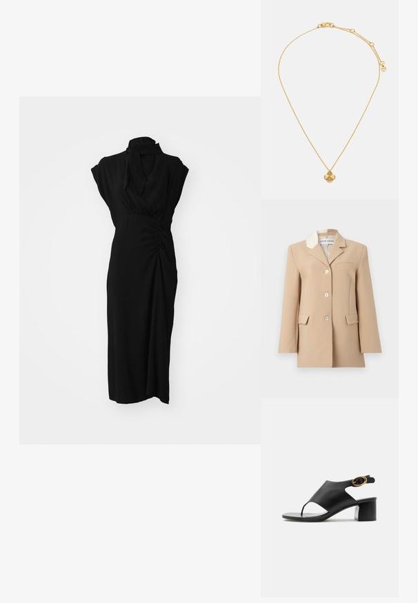 Beige enkelrijige blazer met drie knopen, twee voorflapzakken, borstzak en een wit kanten detail op één reverskraag.; Zwarte jurk met een hoge halslijn, korte mouwen en geplooide details bij de taille, voorzien van een gladde, gestructureerde stof en een lengte tot de knie.; Zwarte leren dames slingback sandaal met open teen, gouden ovale gesp en blokhak op witte achtergrond.; Gouden ketting met een delicate ketting en een klavervormige hanger. De hanger heeft een gepolijste oppervlakte en vier afgeronde bloemblaadjes.