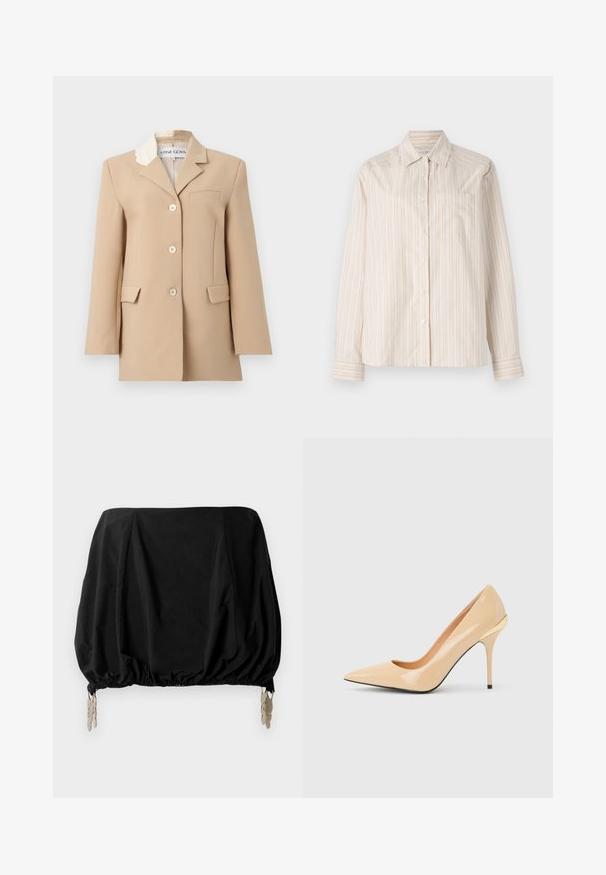 Beige enkelrijige blazer met drie knopen, twee voorflapzakken, borstzak en een wit kanten detail op één reverskraag.; Lange mouwen shirt in lichtbeige met verticale strepen in cream en lichtoranje. Heeft een kraag en een enkele borstzak.; Zwart cropped top met een gathered ontwerp, voorzien van een elastische zoom en metalen clips als accenten. Gemaakt van een lichte stof.; Beige lakleren pump met hoge hak, spitse neus en slanke stilettohak, met een klein gouden accent aan de achterkant.