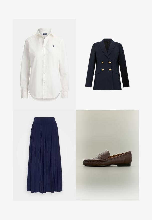 Navy double-breasted blazer met gouden knopen, notch-lapels en twee voorzakken. Tailored fit met een gladde textuur.; Witte blouse met lange mouwen, knopen, kraag en klein blauw logo van een polospeler op de linkerborst.; Marineblauwe plissérok van zachte stof, met een brede, comfortabele tailleband en een vloeiende uitstraling met verticale plooien.; Bruine leren loafer met een metalen bitdetail aan de voorkant en een lage zwarte hak, zijaanzicht op een neutrale achtergrond.