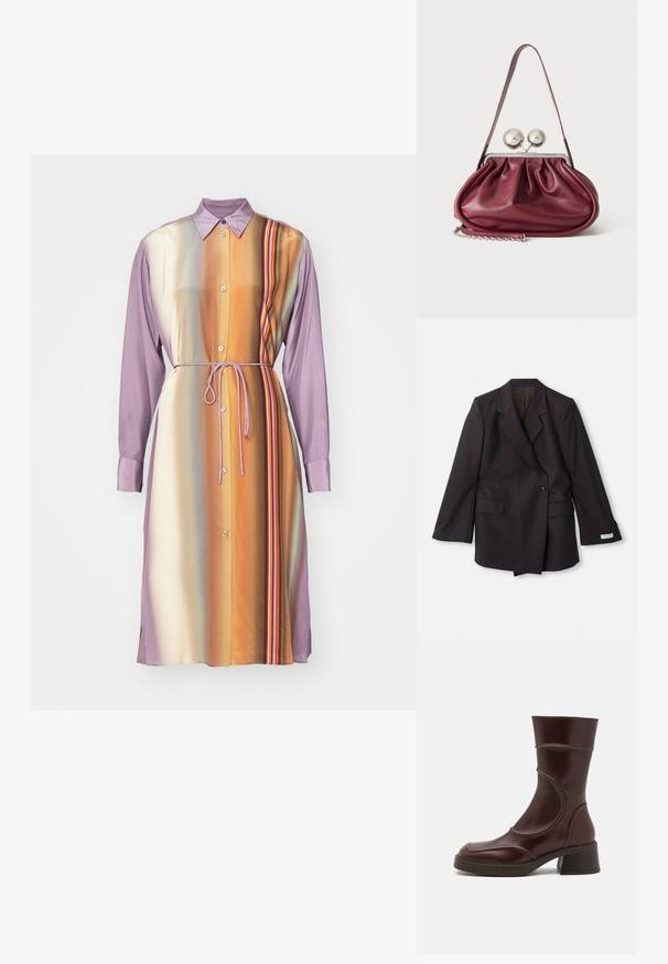 Sort, dobbeltrækker blazer lavet af et glat stof. Har spids klapper, to forlommer og knapdetaljer på ærmerne.; Langærmet kjole i lilla og orange gradient med knapper, bånd i taljen og lodrette striber, lavet af glat stof.; MIISTA MALENE - Støvletter - brown; Lille bordeaux læderhåndtaske med rynkede detaljer, en tynd rem og en sølvspænde med to store runde knopper.
