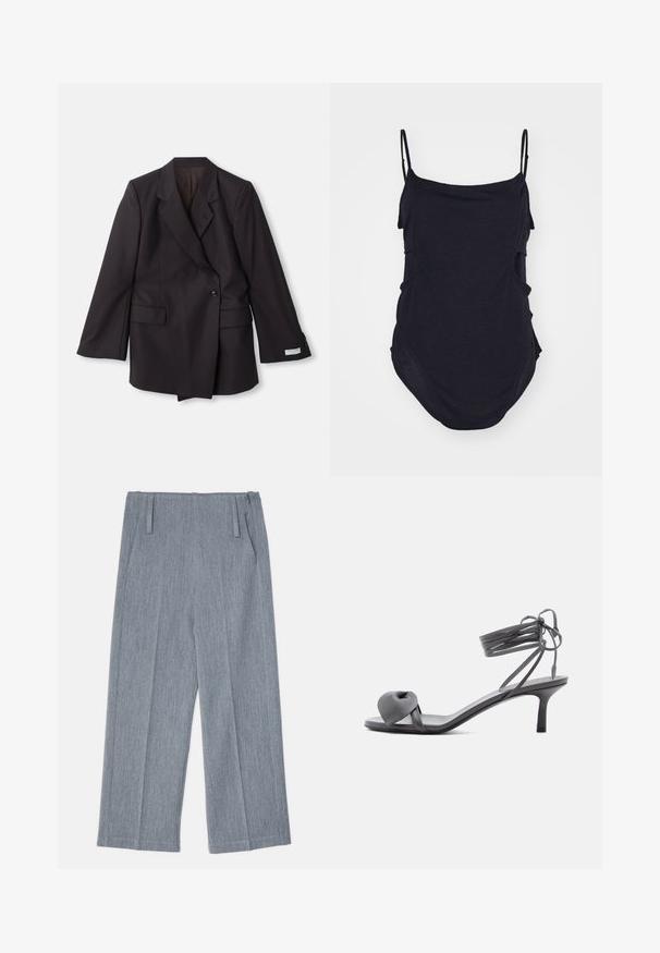 Zwarte, dubbelzijdige blazer gemaakt van een gladde stof. Bevat geknipte revers, twee voorzakken en knoopdetails op de mouwen.; Zwarte mouwloze top met dunne bandjes, gemaakt van zachte stof. Heeft gedrapeerde zijkanten en een ronde zoom voor een ontspannen pasvorm.; Lichtgrijze, wijde broek van textuurstof, voorzien van twee voorplooien en twee zijzakken. Strak, op maat gemaakt ontwerp.; Grijze leren sandaal met hak, voorzien van een geknoopte band bij de tenen en wikkellinten rond de enkel op een slanke sandaal met een middenhoge hak, tegen een witte achtergrond.