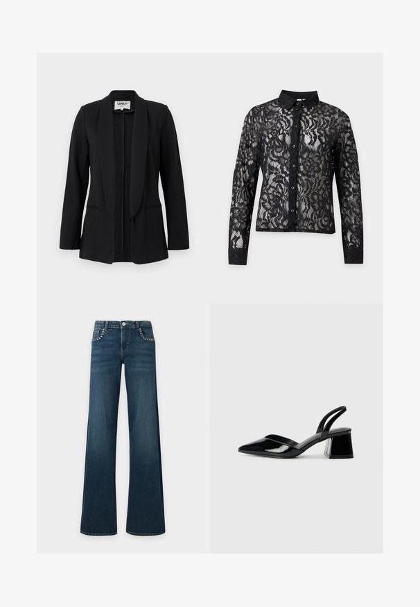 Sort blazer til kvinder med sjalskrave, lange ærmer og to frontlommer med slidser, vist på en ensfarvet lys baggrund.; Sort langærmet bluse med knapper, blomsterblonde mønster og ensfarvet krave og manchetter på hvid baggrund.; Mørkeblå slængbukser med sølvfarvede nitter langs forlommer, knaplukning og bæltestropper, lagt fladt på en hvid baggrund.; Sorte patentlæder slingback hæle med spids tå og en geometrisk blok hæl. Har et elegant, minimalistisk design og en glat tekstur.