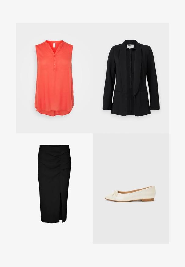 Sort blazer til kvinder med sjalskrave, lange ærmer og to frontlommer med slidser, vist på en ensfarvet lys baggrund.; Korallfarvet ærmeløs bluse med V-hals, tre knaplukninger og buet kant. Fremstillet af let og glat stof. Ingen mønstre eller detaljer.; Vero Moda Tall VMJONA CALF SKIRT - Pencil skirt - black; Balletflad i creme læder med en rund tå og en lille sløjfedetalje foran. Har en lav, tan gummihæl og en glat overflade.