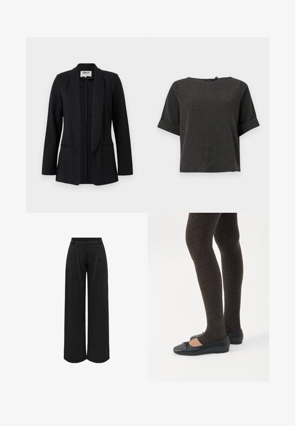 Blazer noir pour femme avec col châle, manches longues et deux poches fendues à l'avant, présenté sur un fond clair uni.; Haut texturé gris foncé à manches courtes avec un col rond et des poignets retroussés, présenté sur un fond blanc.; Pantalons larges noirs avec une taille ajustée, plis plats à l'avant et fermeture à bouton. Fabriqués dans un matériau fluide, présentant une texture lisse.; Jambes portant des leggings côtelés foncés associés à des ballerines noires avec de petits détails en nœud sur fond blanc.