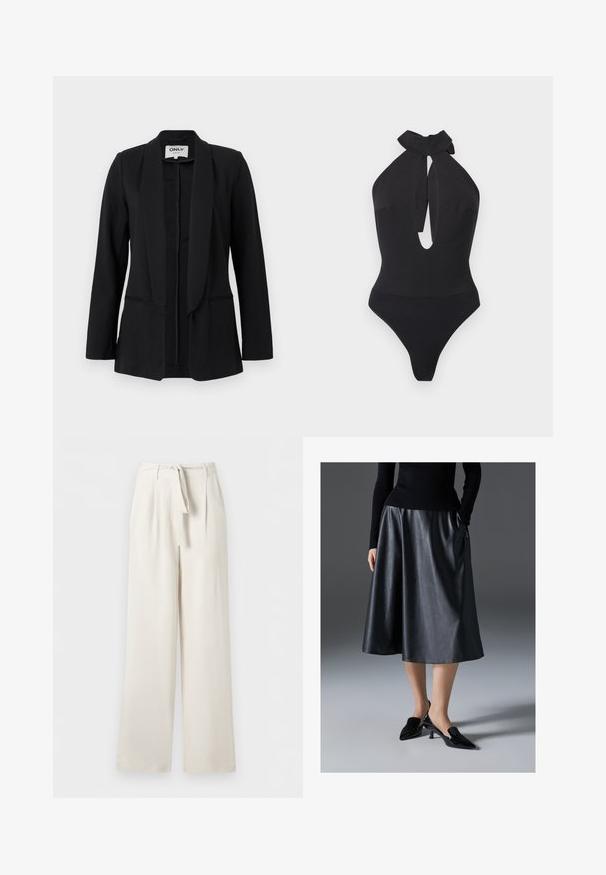 Zwarte damesblazer met sjaalkraag, lange mouwen en twee open zakken aan de voorkant, tentoongesteld tegen een eenvoudige lichte achtergrond.; Zwarte halternek-bodysuit met hoge halslijn en keyhole-uitgesneden aan de voorkant, aansluitende pasvorm, naadloze randen.; Roomy, hoge taille, crèmekleurige broek met wijde pijpen, een stoffen riem in de taille en plooien aan de voorkant.; Zwarte leren midi-jurk met een gladde textuur; heeft een tailleband en zijzakken. Gepaarde met glanzende zwarte hakken.