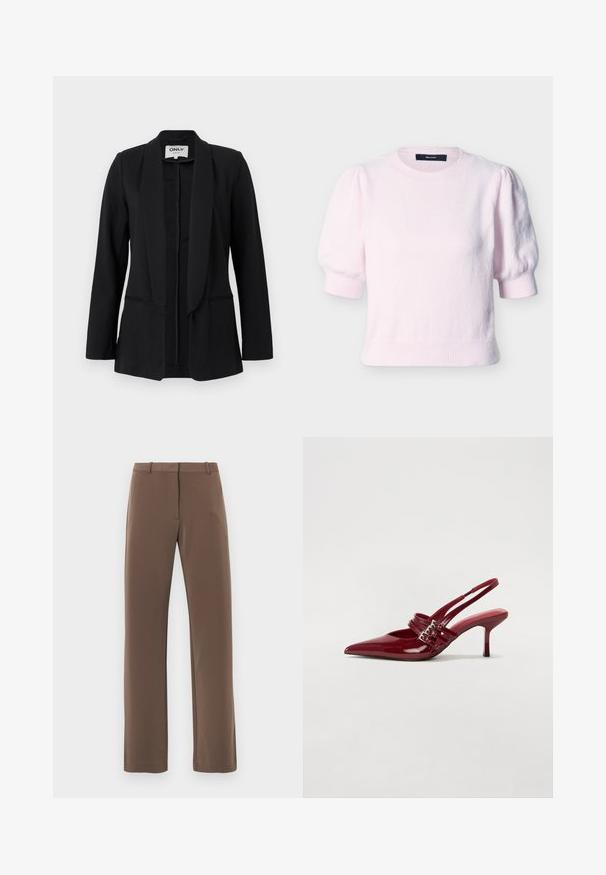 Sort blazer til kvinder med sjalskrave, lange ærmer og to frontlommer med slidser, vist på en ensfarvet lys baggrund.; Lyserød kortærmet strikket sweater med pufærmer, ribstrikkede manchetter, halsudskæring og kant, mærket VERO MODA.; Brune, lige ben bukser med en glat tekstur, med en linning med bæltestropper og to sidelommer. Klassisk design, uden mønstre.; Røde patenteret læder slingback hæle med spids tå, to spændebånd og en slank, mellemhøj stiletto hæl. Glat tekstur.