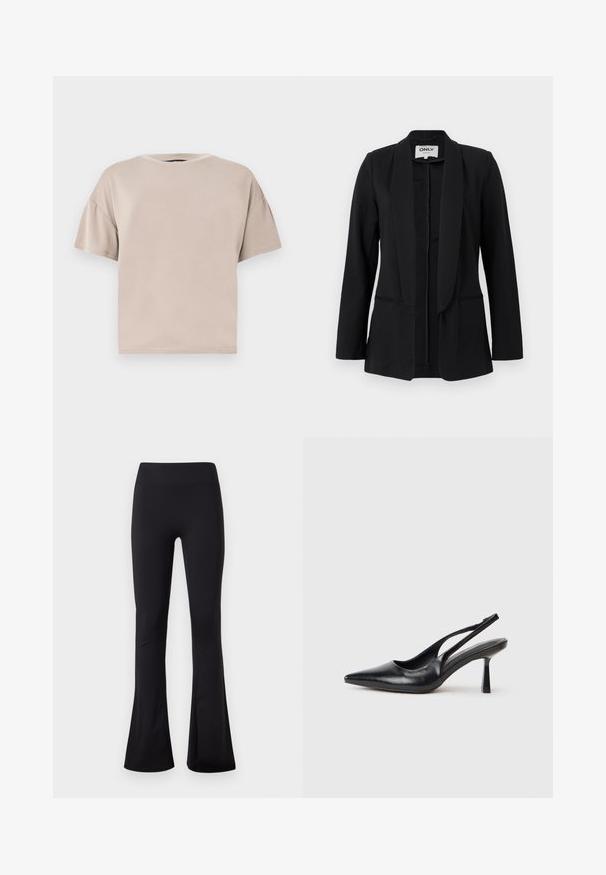 Blazer noir pour femme avec col châle, manches longues et deux poches fendues à l'avant, présenté sur un fond clair uni.; T-shirt beige en coton, à manches courtes, oversize, avec col rond et ourlet droit, sur un fond clair uni.; Leggings noirs taille haute avec une forme évasée au niveau des jambes, confectionnés dans un tissu lisse et extensible, présentés sur un fond blanc uni.; Chaussure à talon haut en cuir noir, à bride arrière, avec un bout pointu et un talon fin sur fond blanc.