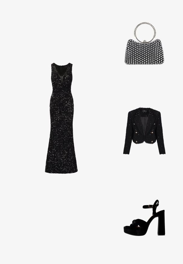Blazer court texturé noir avec manches longues, ornements en sequins et six boutons décoratifs métalliques sur fond blanc.; Robe de soirée noire en sequins avec un décolleté en V profond, une coupe sans manches, une silhouette ajustée et un ourlet évasé, reflétant la lumière grâce à des textures de sequins variées.; Sandales à plateforme noires avec un talon épais, en daim, avec un design avant noué et une lanière de cheville ajustable avec une boucle en métal.; Pochette de soirée noire ornée de clous argentés uniformément espacés et d'une poignée ronde décorée de strass clairs.