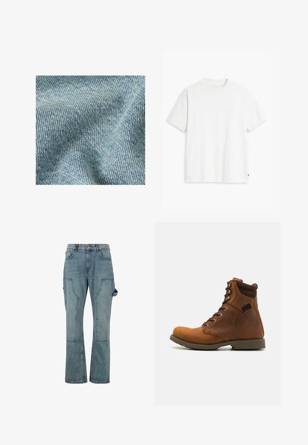 Tela de mezclilla azul claro con textura de tejido diagonal visible y pliegues suaves.; Camiseta de algodón blanca con mangas cortas, cuello redondo y un sutil logo "Levi's" impreso en color claro en la parte frontal.; Pantalones cargo de mezclilla azul claro con un diseño de pierna recta, que cuentan con múltiples bolsillos y un cierre de botón en la cintura.; Harley Davidson DARNEL CE RIDING APPROVED - Botines con cordones - brown