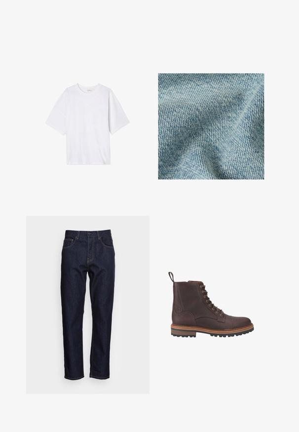 Tela de mezclilla azul claro con textura de tejido diagonal visible y pliegues suaves.; Camiseta blanca de manga corta hecha de tejido suave. Presenta un escote redondo y un corte relajado con un dobladillo recto. Sin patrones ni hardware.; Vaqueros de mezclilla azul oscuro con corte recto, cinco bolsillos y costuras amarillas en contraste. Diseñados con un cierre clásico de botón y cremallera.; Botas de piel marrón con cordones hasta el tobillo, acabado texturizado, suelas beige contrastantes y ojales metálicos. Incluyen una lengüeta para facilitar su puesta.