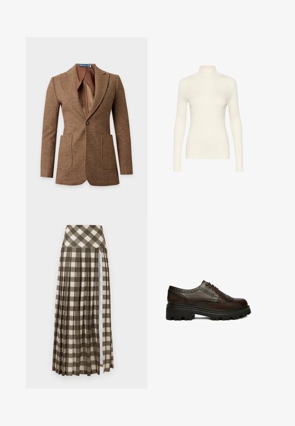 Brun uld blazer med sildebensmønster, med notch revers, to forlommer med lapper, lukning med en knap og en glat brun foring indvendigt.; Hvid langærmet turtleneck-top, lavet af glat stof med en tætsiddende form, der har en høj krave og et minimalistisk design.; Lang, plisseret nederdel med et brunt og beige ternet mønster. Høj talje-design med en sideslids og blød stoftekstur.; Mørkebrun læder brogue sko med perforerede detaljer og tyk sort rillesål, set fra siden på hvid baggrund.
