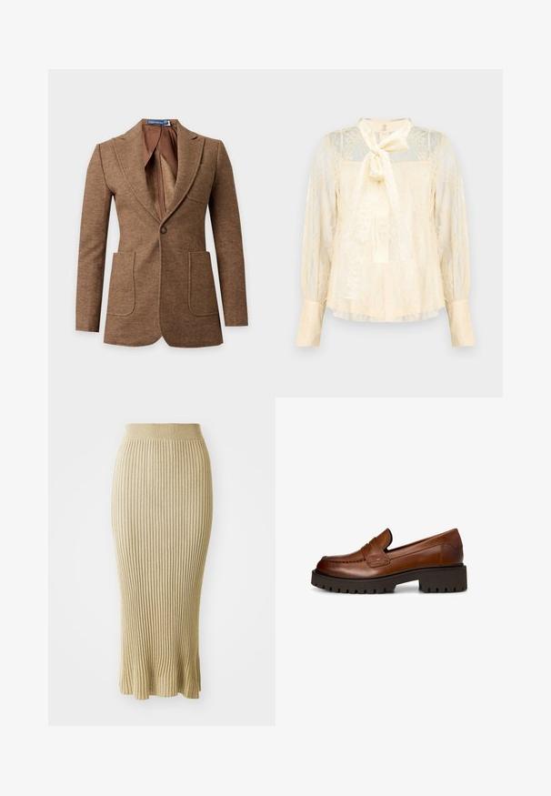 Brun uld blazer med sildebensmønster, med notch revers, to forlommer med lapper, lukning med en knap og en glat brun foring indvendigt.; Lysecremefarvet bluse lavet af blonder med en sløjfedetalje ved halsen, gennemsigtige lange ærmer og manchetter med knapper. Tekstureret blomsterprint over det hele.; Strikket blyantskirt i lys beige, med lodrette ribber, en tætsiddende talje og en udvidende kant med diskrete detaljer forneden.; Brun læderloafer med chunky sort rilled sål og lav blokhæl, vist fra siden på hvid baggrund.