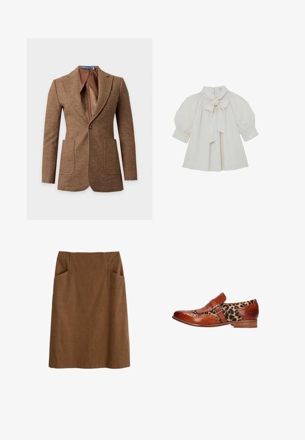 Blazer de lana marrón en espiga con solapas con muesca, dos bolsillos delanteros parcheados, cierre de un botón y un forro interior marrón liso.; Blusa color crema con lazo en el cuello, detalles fruncidos y mangas abullonadas con puños abotonados. Tela suave, ajuste relajado.; Falda de algodón marrón con cintura ajustada, dos bolsillos laterales y corte recto. La tela tiene una textura suave y un brillo sutil.; Zapato de vestir para hombre de cuero marrón y estampado de leopardo con correa de hebilla y detalles de brogue, con la marca "Melvin & Hamilton" en el talón.