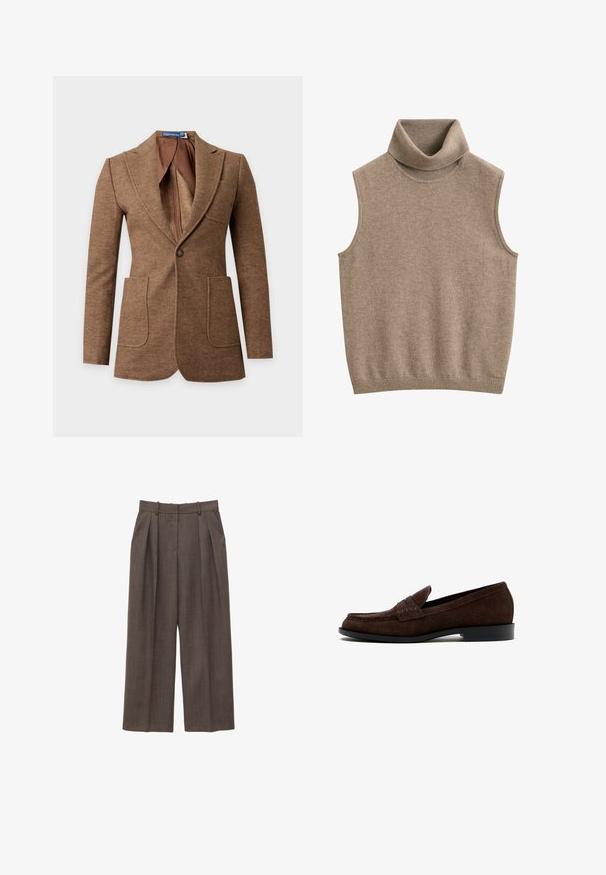 Blazer en laine marron à motif chevrons, col cranté, deux poches plaquées devant, fermeture par un bouton et une doublure intérieure marron lisse.; Gilet sans manches beige en maille avec col roulé et bord-côtes au niveau du col et de l'ourlet, en tissu doux.; Pantalon marron taille haute à jambes larges avec passants de ceinture, plis à l'avant et poches latérales, présenté sur un fond blanc.; Mocassin pour homme en daim marron foncé avec un petit talon et une couture style mocassin, présenté de profil sur un fond blanc.