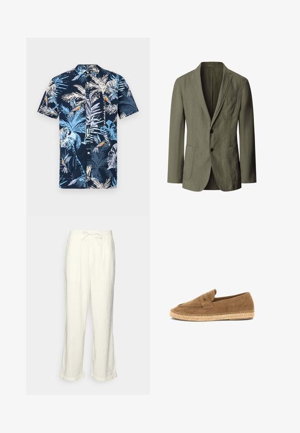 Enkelreeks olijfgroene blazer met ingesneden revers, twee knopen, borstzak en twee voorzakken, gemaakt van gestructureerde stof.; Korte mouwen shirt met een marineblauwe achtergrond en een tropisch patroon van lichtblauwe palmbladeren en kleurrijke vogels. Met een knoopsluiting bij de kraag.; Linnen broek in gebroken wit met een trekkoord in de taille, iets wijde pijpen en opgerolde manchetten voor een relaxte pasvorm. Geen zakken.; Bruine suède loafers met gevlochten jute zool en penny-strap detail, ontworpen voor casual gebruik.